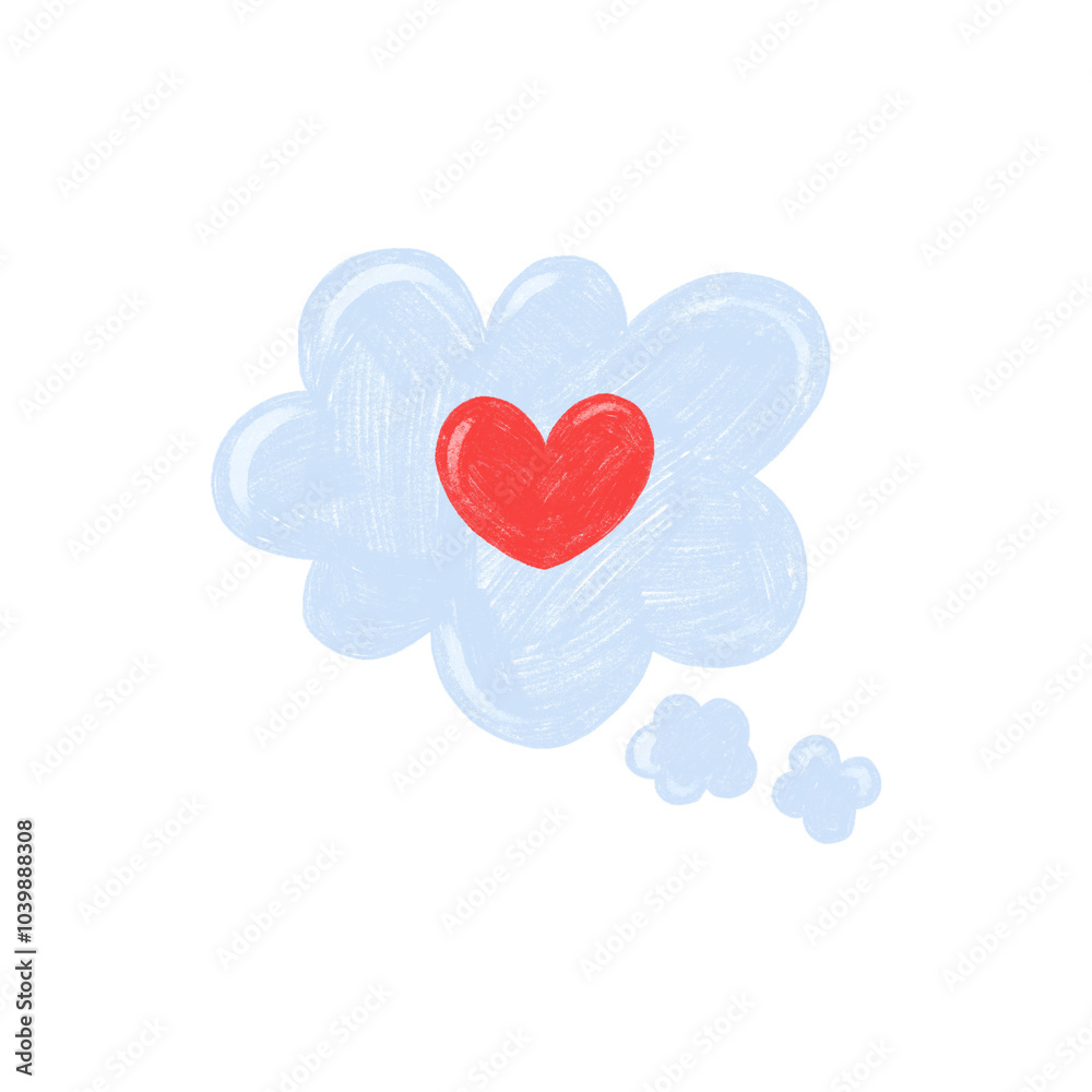 A cloud of thoughts with a red heart. Valentine's Day card. Cartoon hand drawn illustration on isolated background A cloud of thoughts with a red heart. Valentine's Day card. Cartoon hand drawn illustration on isolated background