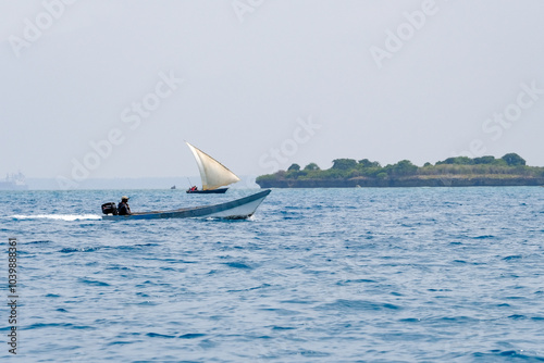 Dhow Boats on the Ocean near Zanzibar, Prison island