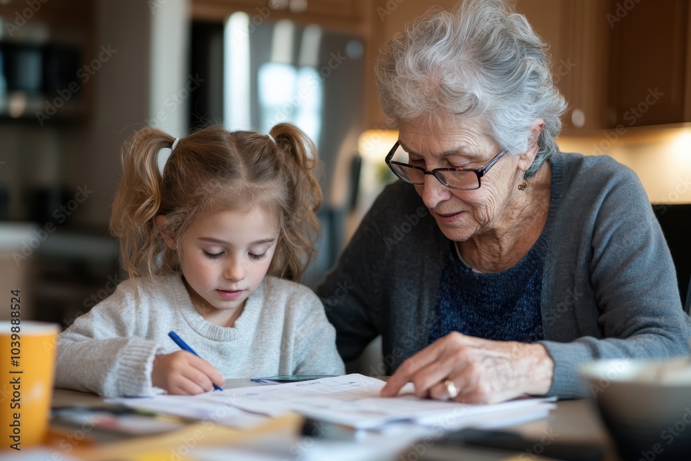 A young girl and her grandmother sit together at a table as they focus on schoolwork, with the grandmother providing guidance and support. Bright kitchen setting. A young girl and her grandmother sit together at a table as they focus on schoolwork, with the grandmother providing guidance and support. Bright kitchen setting.