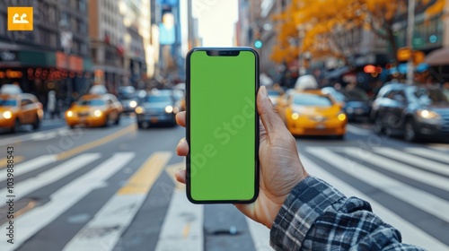 A person holds a phone with a green screen amidst busy New York City streets filled with yellow cabs in autumn. Generative AI