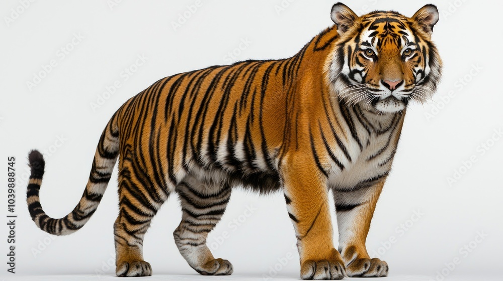 Obraz premium A majestic tiger stands against a white background, showcasing its powerful physique and striking orange and black stripes.