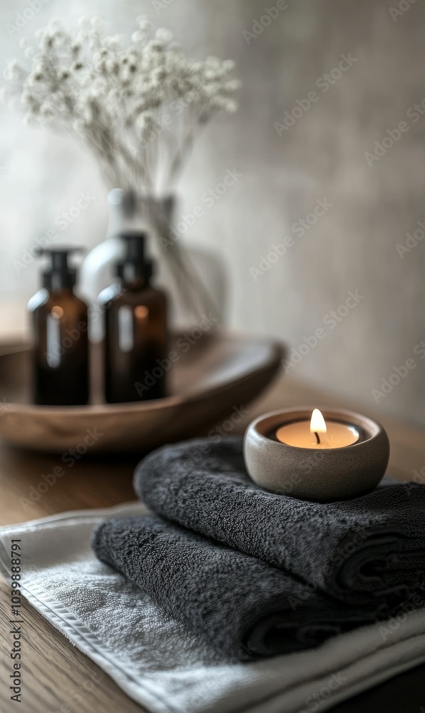 A burning candle on a stack of towels. A burning candle on a stack of towels.