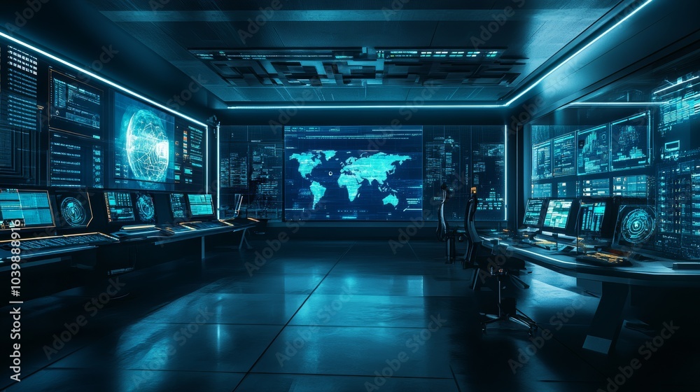 A futuristic cybersecurity command center with threat detection algorithms and network monitoring systems, Security style, photo of A futuristic cybersecurity command center with threat detection algorithms and network monitoring systems, Security style, photo of