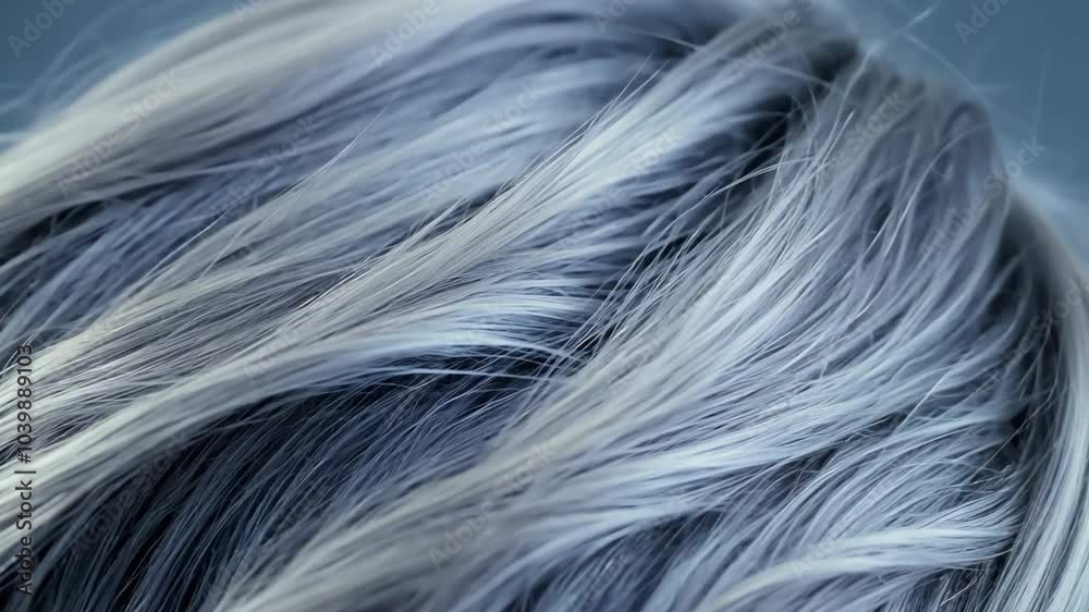 Gray thick hair close up. Coloring in cold blond closeup. Problem of early gray hair. Grandma's hairstyle, old woman with styling. Head background, macro view. Grandmother style.