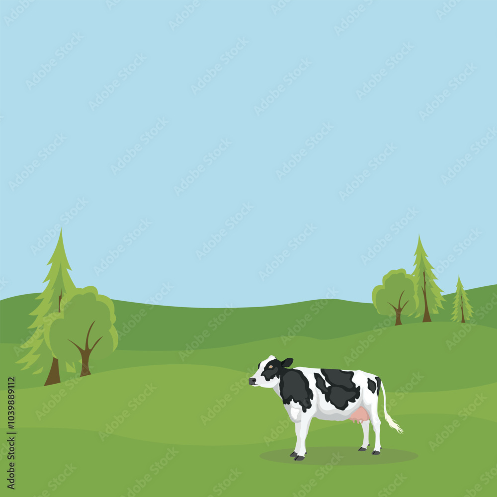 Vector illustration group of cattle in green grass field. Group of cow in farm field concept, dairy cow, farmland, rural view, farming agriculture, mountain nature