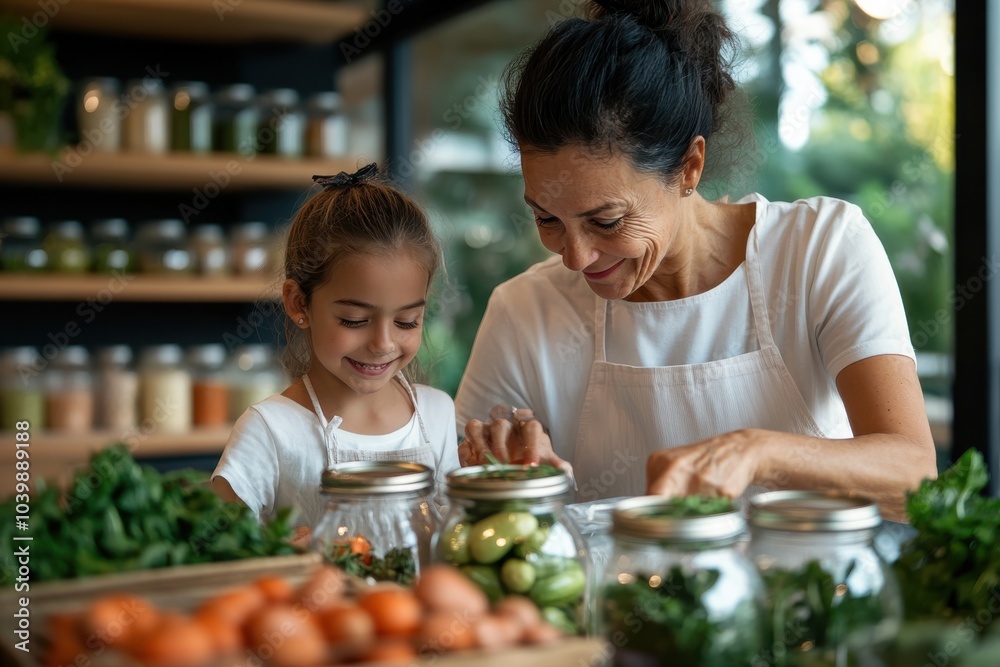 A mother and her daughter engage in a wholesome activity of storing fresh vegetables, sharing laughter and love in a sunlit kitchen filled with nature's bounty. A mother and her daughter engage in a wholesome activity of storing fresh vegetables, sharing laughter and love in a sunlit kitchen filled with nature's bounty.