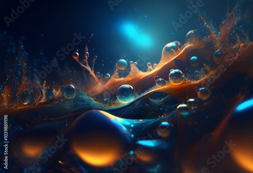 Abstract art with orange, blue and black colors of textured shapes and water droplets.