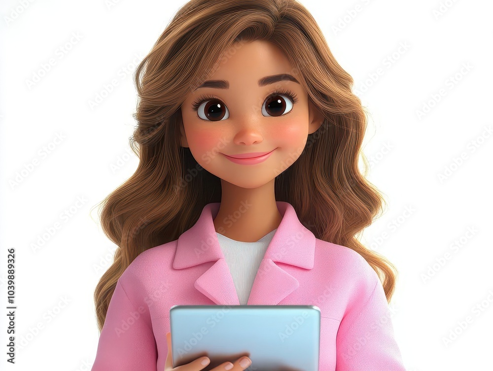 3d cartoon character of a happy businesswoman, smiling and holding a tablet computer, full-body shot against a bright white background, embodying positivity and professional success