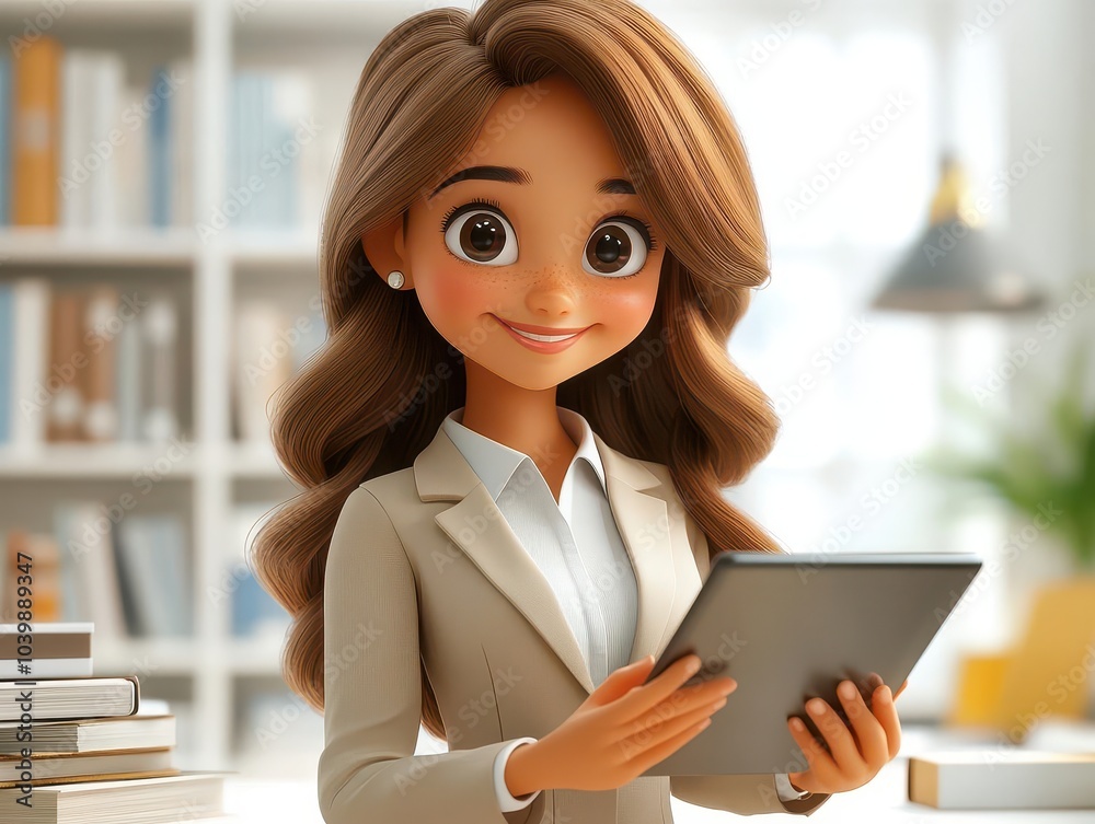 3d cartoon character of a happy businesswoman, smiling and holding a tablet computer, full-body shot against a bright white background, embodying positivity and professional success