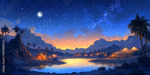 A tranquil desert oasis with a crescent moon, starry sky, and a glistening lake surrounded by mountains and palm trees.