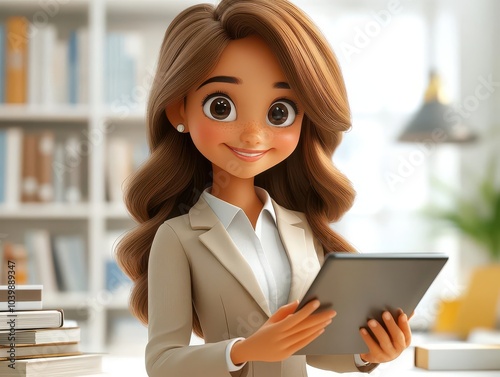Obraz na płótnie 3d cartoon character of a happy businesswoman, smiling and holding a tablet computer, full-body shot against a bright white background, embodying positivity and professional success w salonie