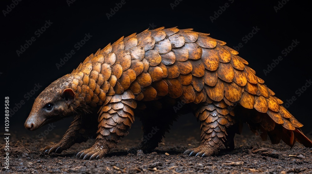 Fototapeta premium A detailed view of a pangolin with a textured, scaly body.