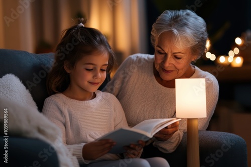 An elderly lady and her granddaughter read together on a comfy sofa, illuminated by soft lights, illustrating warmth, learning, and familial closeness. photo