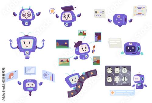 AI robot characters in different spheres analytics, education, motion and graphic design, medicine, programming, support chat bot flat vector illustrations set.