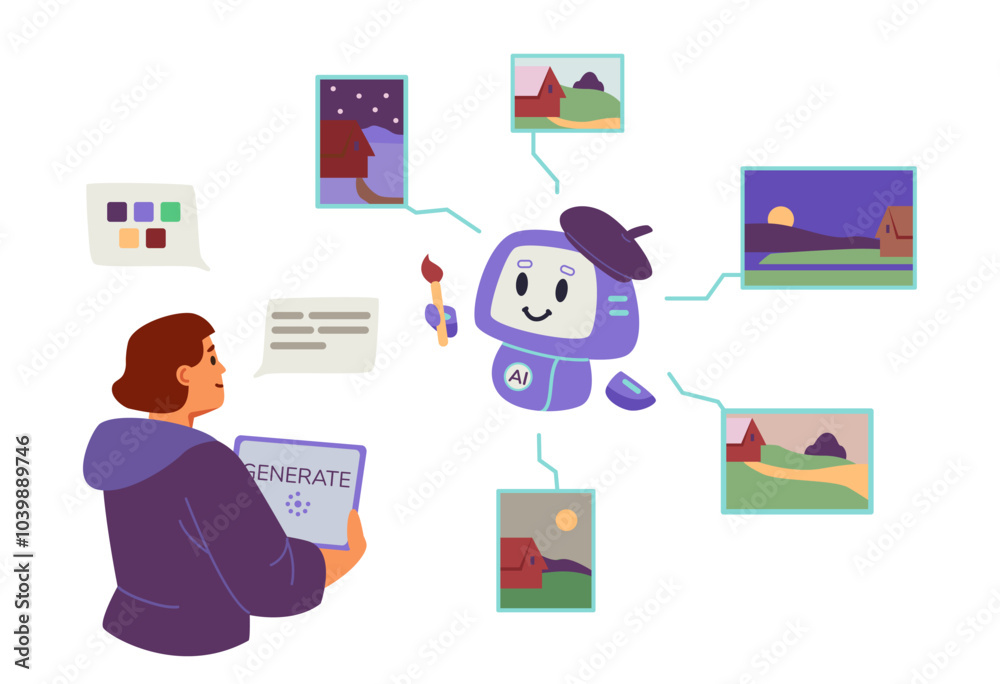Obraz premium Digital artist using artificial intelligence for images generation concept flat vector illustration isolated on white. Woman holding graphic tablet interacting with AI robot by prompts and color palet