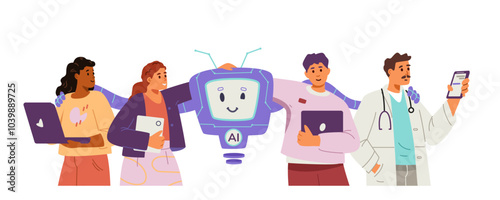 Multiracial group of different professionals interacting with artificial intelligence concept. Men and women hugging with AI robot character flat vector illustration isolated on white.