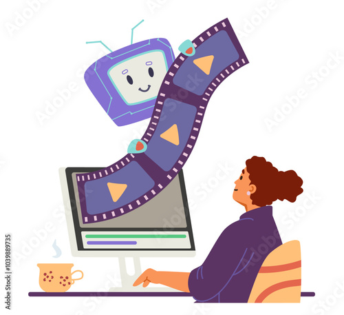 Woman motion designer using artificial intelligence for video generation and editing flat vector concept illustration isolated on white.
