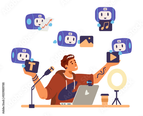 Blogger interacting with artificial intelligence for blog content generation, analytics and promotion flat vector concept illustration isolated on white. Mini robots bringing generated content text, m