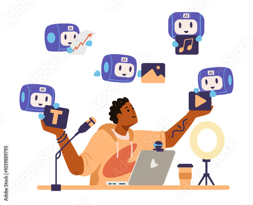African American blogger interacting with artificial intelligence for blog content generation, analytics and promotion flat vector concept illustration isolated on white. Mini robots bringing generate