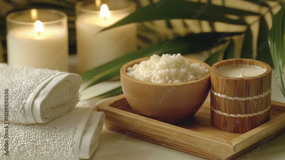 Spa composition with salt, candles and towels on wooden tray Spa composition with salt, candles and towels on wooden tray