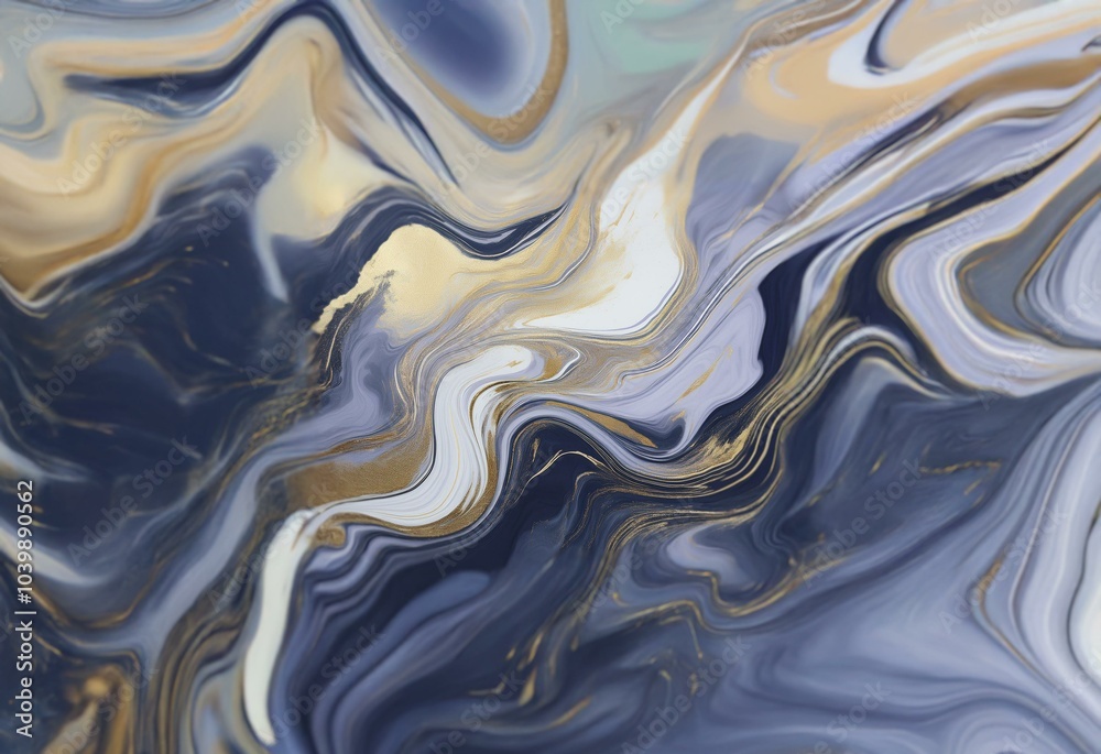 Obraz premium Abstract painting featuring swirling patterns of blue, white, and gold.