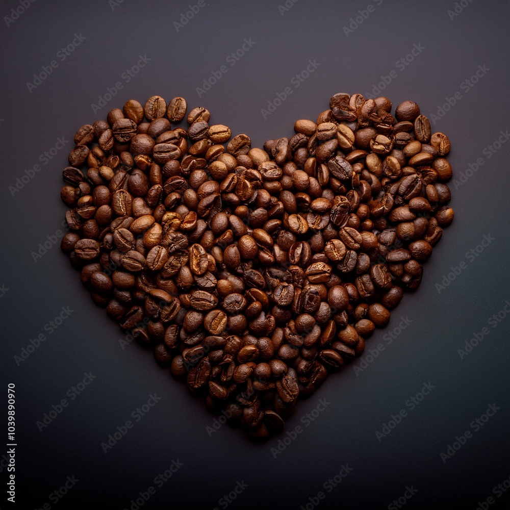 un corazón de granos de café; granos de arábica tostados. Realista