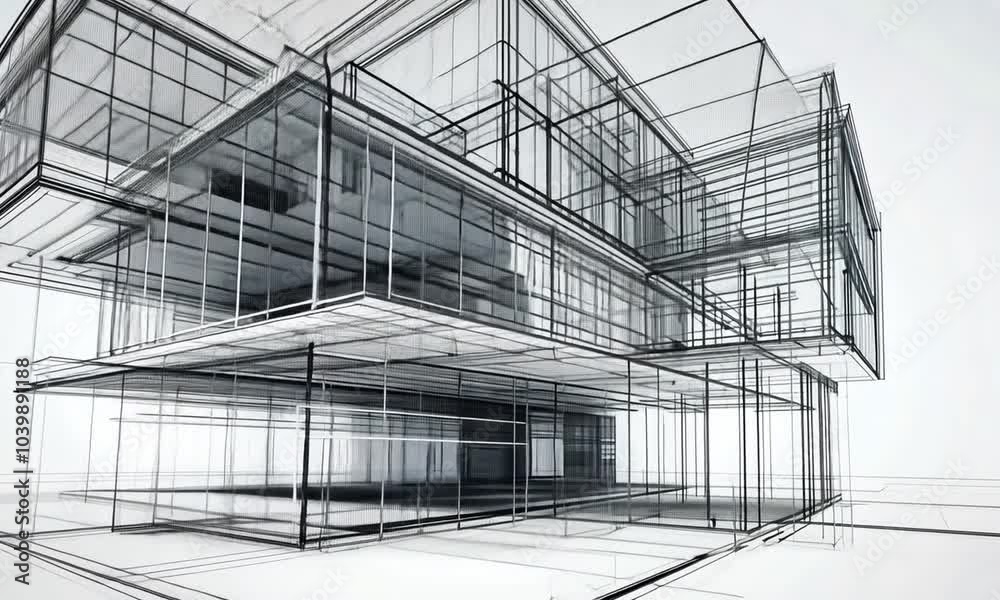Black and white architectural sketch of a modern building with a glass facade. Black and white architectural sketch of a modern building with a glass facade.