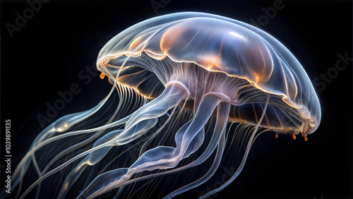 Close-up jellyfish on a black background with luminous tentacles photo