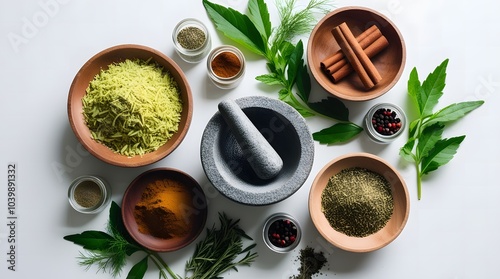 Traditional Herbs and Spices Flat Lay with Mortar and Pestle on White Background