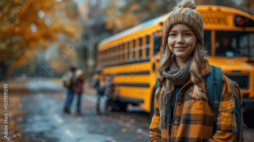 A joyful autumn day with students gathering near a yellow school bus in a vibrant park setting. Generative AI