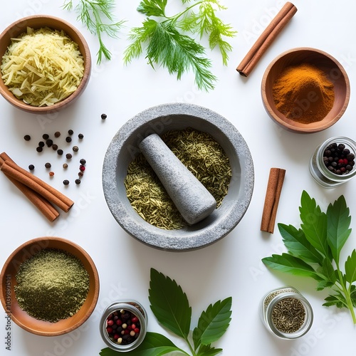 Traditional Herbs and Spices Flat Lay with Mortar and Pestle on White Background