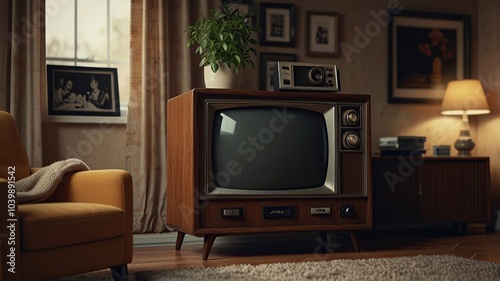 "Vintage 80s TV with Static in Cozy Living Room"