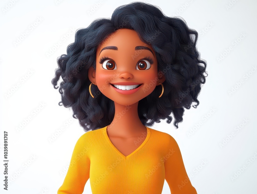 a cheerful 3d cartoon character of a happy young black woman strikes a joyful pose, radiating positivity and confidence against a clean white background, embodying fun and diversity