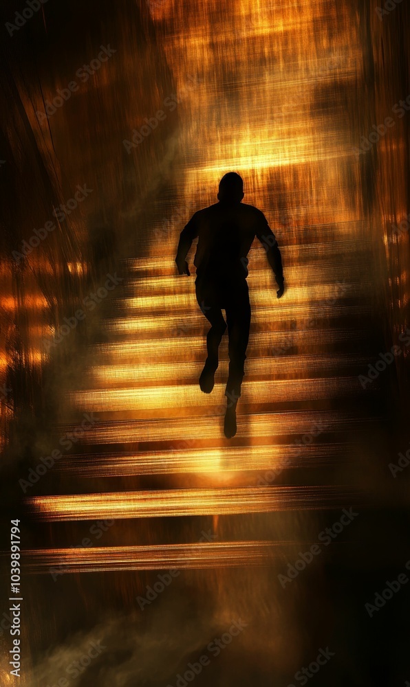 Silhouette of a man climbing glowing stairs. Silhouette of a man climbing glowing stairs.