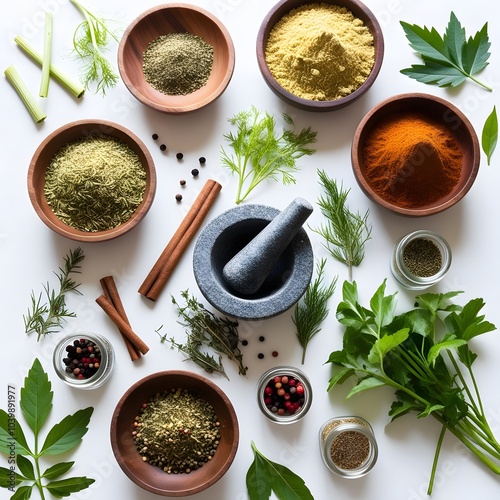 Traditional Herbs and Spices Flat Lay with Mortar and Pestle on White Background