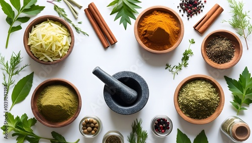Traditional Herbs and Spices Flat Lay with Mortar and Pestle on White Background