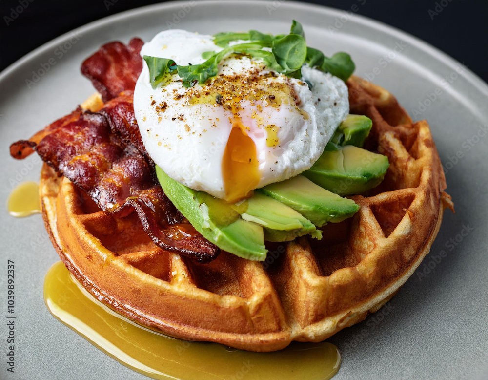 Delicious Belgian waffle topped with avocado poached egg and bacon on a white plate, close-up Delicious Belgian waffle topped with avocado poached egg and bacon on a white plate, close-up
