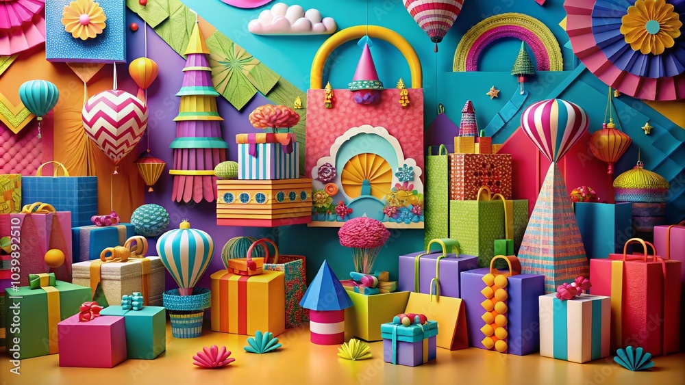 Fototapeta premium Colorful Shopping Bags in 3D Paper Art Style with Decorative Elements for Vibrant Retail Displays