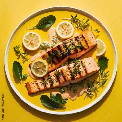 Grilled Salmon with Lemon and Herbs on Vibrant Yellow Background