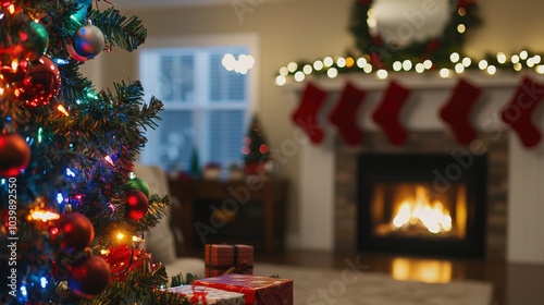 Christmas tree and fireplace in a cozy living room.