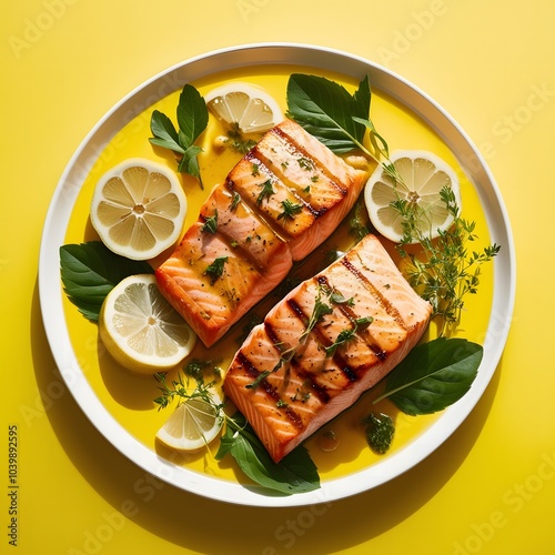 Grilled Salmon with Lemon and Herbs on Vibrant Yellow Background