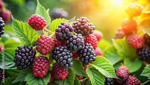 A vibrant collection of ripe blackberries and raspberries nestled amidst lush green foliage, illuminated by the warm glow of sunlight.