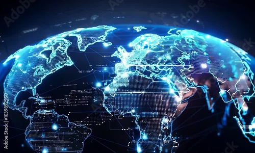 Digital world map with glowing connections video animation. Global network animated footage HD clip motion graphics. Communication links across continent. Cyber connectivity concept