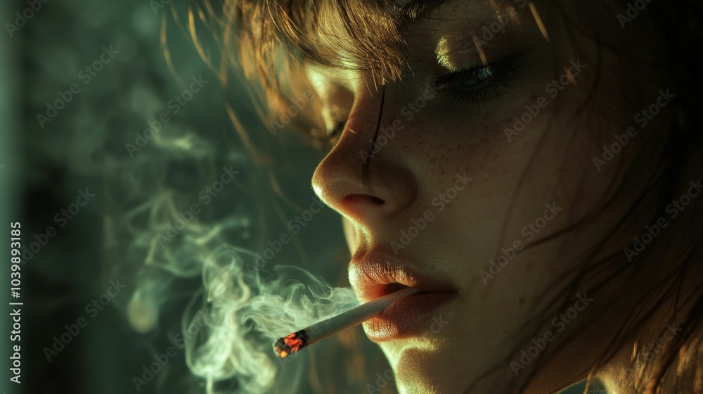 Fototapeta premium Woman smoking a cigarette in dim light