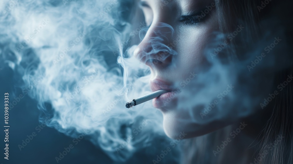 Obraz premium Woman smoking cigarette with dramatic smoke, conceptual image for addiction, unhealthy habits