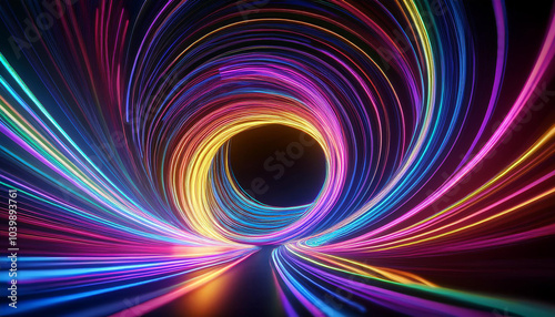 Neon lights spinning in vibrant circular pattern, abstract flow design. Dynamic colorful shape.
