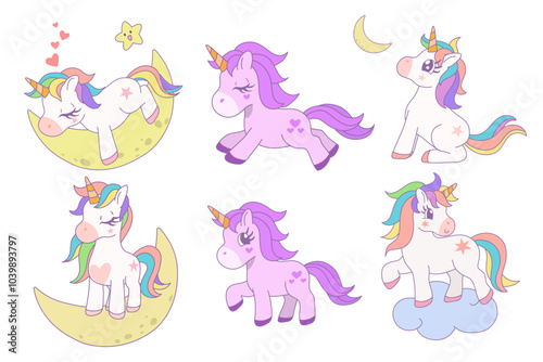 Cute collection of unicorn variety of poses and pony collection with magic items, Cartoon fantasy style, Unicorn hand drawn doodles, Vector design illustration.