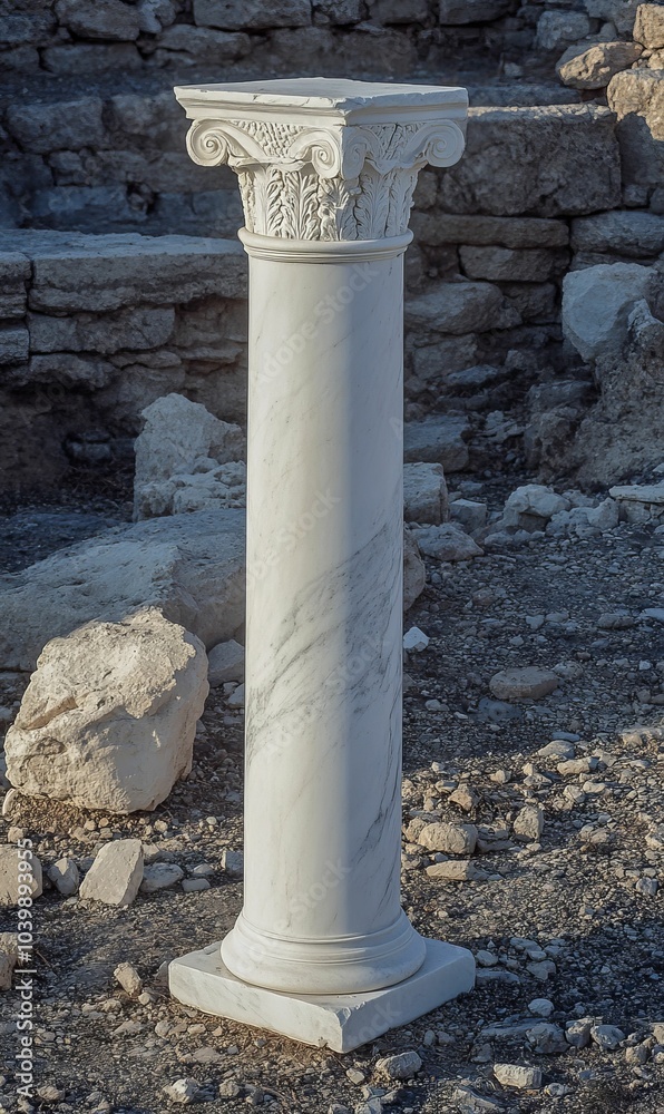 Ancient marble column stands amongst ruins. Ancient marble column stands amongst ruins.