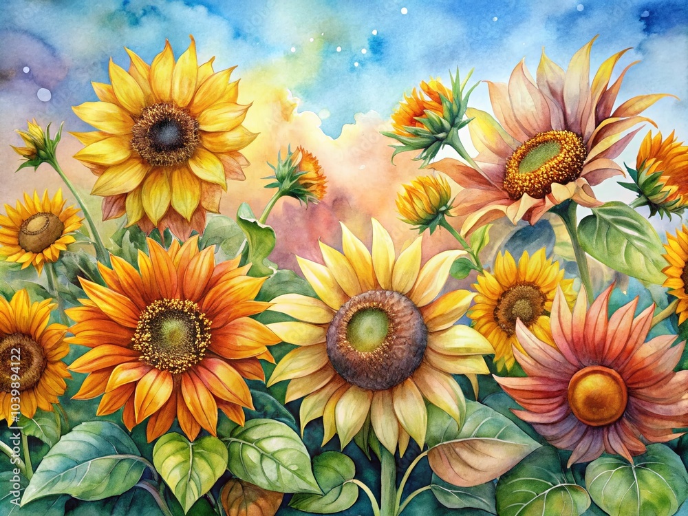 Obraz premium Colorful Watercolor Sunflower Botanical Illustration in Panoramic View for Nature Lovers and Art Enthusiasts