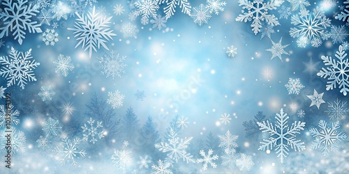 Snowy Blue Background with Snowflakes and Winter Theme, Copy Space